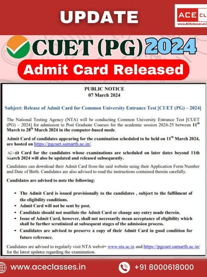 An official public notice regarding the release of admit cards for the CUET (PG) 2024 examination.