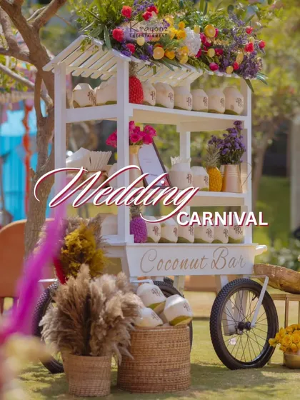 A wedding carnival needs refreshing treats. This coconut bar, with personalized coconuts, was a popular and healthy addition to the fun-filled day.