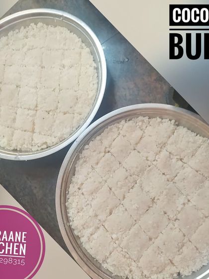 Two plates of fresh Coconut Burfi, cut into diamond shapes and ready for delivery. I use fresh coconut and cook it slowly to get that perfect soft and chewy texture.