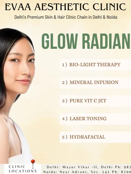 A summary of our Glow Radiance services, including Bio-Light Therapy, Laser Toning, and HydraFacial. This graphic showcases the variety of advanced treatments we offer to help you achieve luminous, healthy skin.