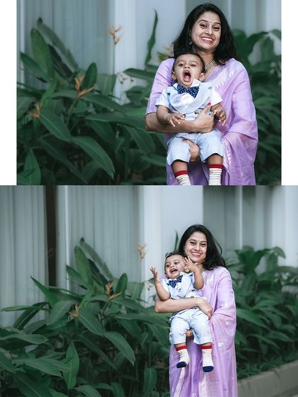 A candid mother and son portrait from a birthday celebration. The little boy, dressed in a cute bow tie, is yawning and laughing in his mother's arms, showing a real and funny family moment.