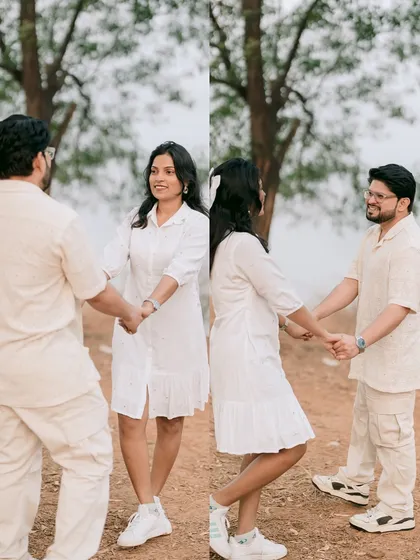 A playful, two-part image showing Nutan and Shubham holding hands and sharing a look. Their casual white outfits are perfect for this relaxed, outdoor pre-wedding shoot in Pune.