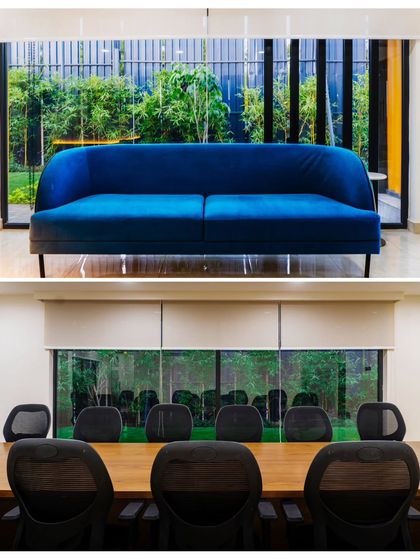 A split view of the Prestige office, showing the comfortable lounge area alongside the formal conference room. This highlights our ability to design multi-functional workspaces that cater to both collaborative and focused work.