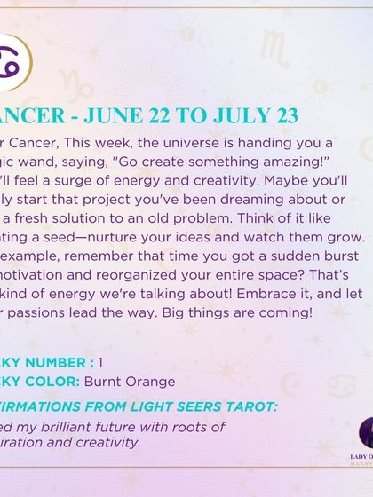 A weekly tarot prediction for Cancer. The universe is handing you a magic wand this week, saying, "Go create something amazing!" Embrace the surge of energy and creativity, and let your passions lead the way. Big things are coming.