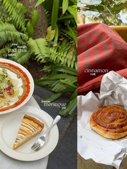 A collage of cafe delights, including a lemon meringue pie and a perfectly flaky cinnamon roll.
