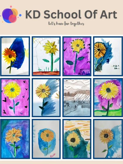 A collection of beautiful sunflower paintings. Each student added their own style to this classic watercolor subject.