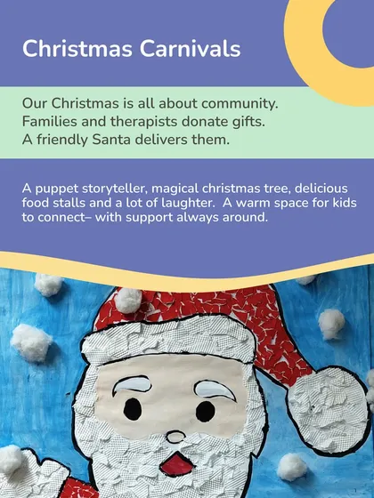 Christmas at Children First is all about community. Families and therapists donate gifts, a friendly Santa delivers them, and we have a puppet storyteller and food stalls. It's a warm space for kids to connect, with support always around.