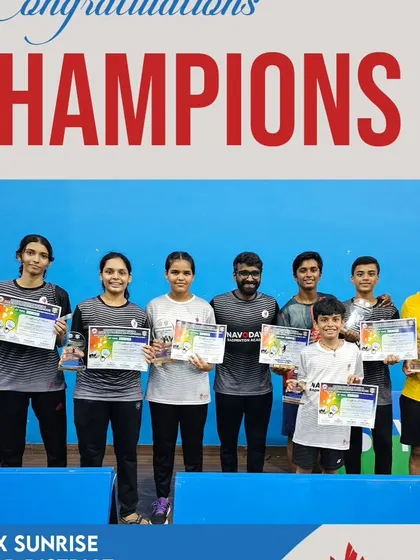 A group of our champions and runners-up from the Yonex Sunrise Raigad District Badminton Championship. We produce winners across all age groups and categories, from U-13 singles to men's doubles.