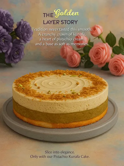 This is our Pistachio Kunafa Cake, a fusion dessert where tradition meets modern elegance. It features a soft base, a heart of silky pistachio cream, and a crunchy crown of golden-baked kunafa, offering a delightful mix of textures and flavors.