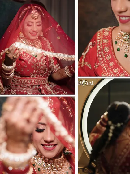 A collage of the bride's getting-ready moments, from adjusting her veil to looking in the mirror.