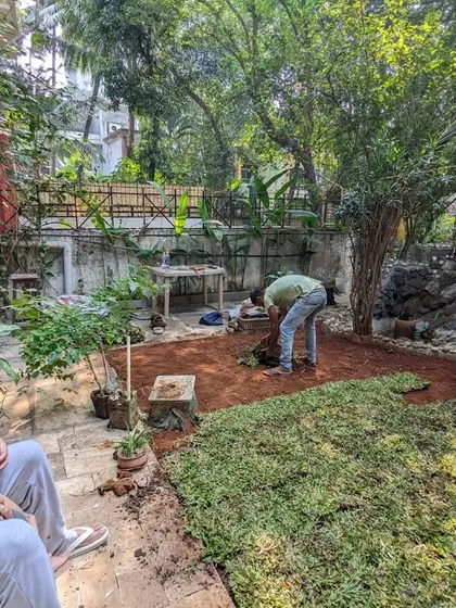 The client and her family watch as we complete the transformation of their backyard space.