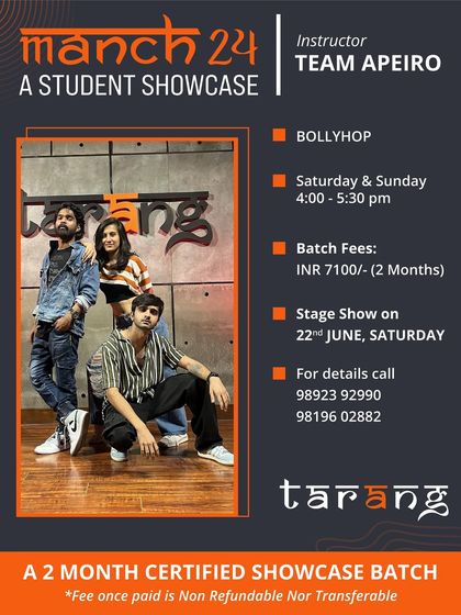 The official poster for the Manch '24 Bollyhop showcase batch with Team Apeiro, detailing the schedule and what the fusion style entails.