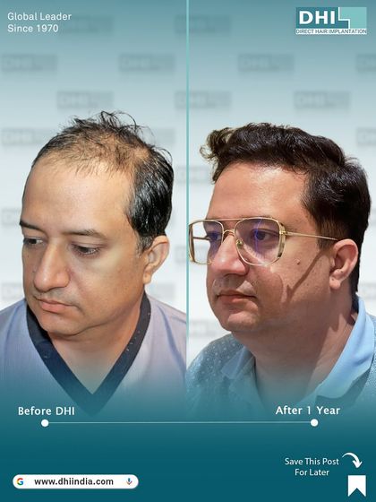 This three-quarter view highlights the impressive hair growth and restored confidence one year post-transplant. The result is dense, natural, and completely transformative for the client.