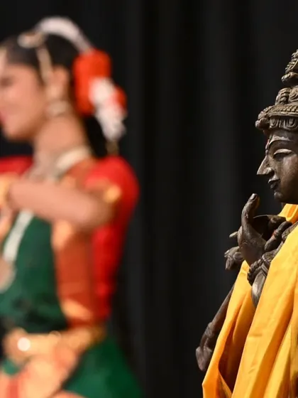 The dance is always an offering to the divine. This photograph beautifully captures the spiritual connection, with the dancer in the background and the idol of Lord Nataraja in the foreground, symbolizing the source of our art form.