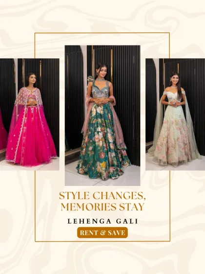 This collage features a beautiful green floral lehenga, an ideal choice for a Mehendi ceremony, showcasing the variety in my rental collection.