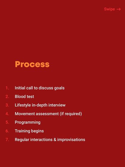 My coaching process is thorough and personalized. It starts with a call to discuss goals, followed by blood tests, a lifestyle interview, and a movement assessment before we even begin training.