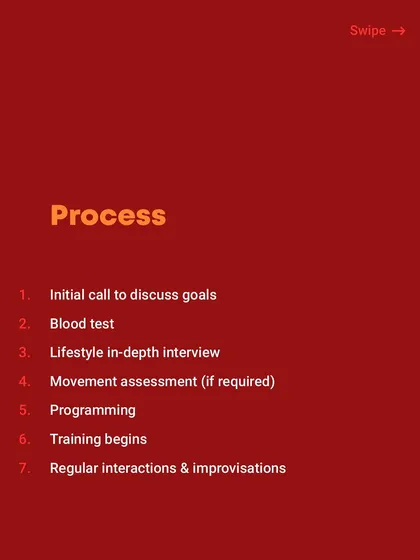 My coaching process is thorough and personalized. It starts with a call to discuss goals, followed by blood tests, a lifestyle interview, and a movement assessment before we even begin training.