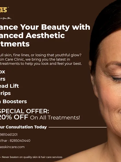 We offer a full suite of advanced aesthetic treatments to address your concerns, from dull skin to fine lines. Our toolkit includes Botox, Fillers, Thread Lifts, IV Drips, and Skin Boosters, all currently available with a special 20% discount.