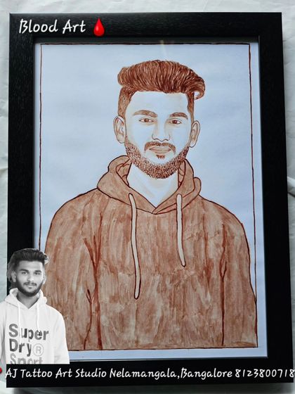 A casual portrait of a young man in a hoodie, captured in blood. This image, along with the reference photo, shows how I can adapt the art form to any style.