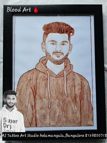 A casual portrait of a young man in a hoodie, captured in blood. This image, along with the reference photo, shows how I can adapt the art form to any style.