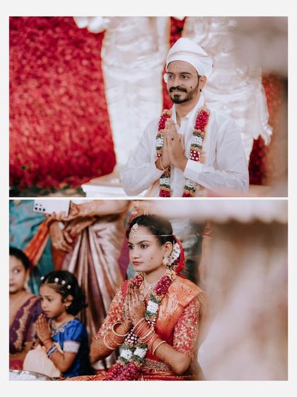 A diptych of the bride and groom in prayer during their ceremony, capturing their devotion.