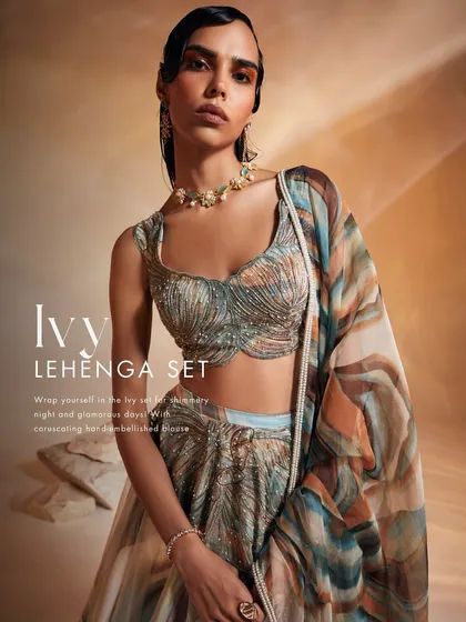A closer look at the Ivy Lehenga Set, highlighting the coruscating hand-embellished blouse that lends effortless elegance to the ensemble.