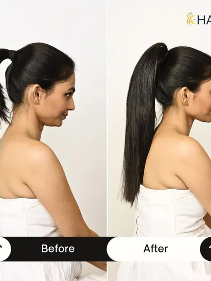 Need a quick and glamorous hairstyle? My clutch ponytail is the perfect solution. This before-and-after shows how you can go from a simple ponytail to a full, stylish look in just seconds. It's made from 100% real human hair for a completely natural feel.