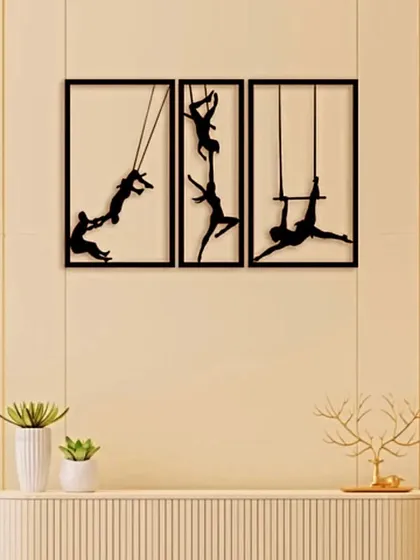 This iron wall trio captures the dynamic movement of trapeze artists in silhouette. The set tells a story of grace and strength, making it a unique and inspiring addition to your decor. Custom sizes are available.