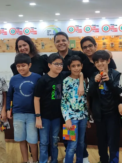 A happy group photo from Hridhaan's birthday celebration. It’s great to see family and friends come together to try a new activity and celebrate a special day at our indoor shooting range.