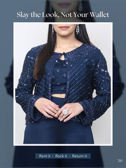 Slay the look, not your wallet. This graphic highlights a stunning navy blue embellished jacket and crop top set. It's a powerful look for a cocktail night, giving you that designer feel for a fraction of the cost.