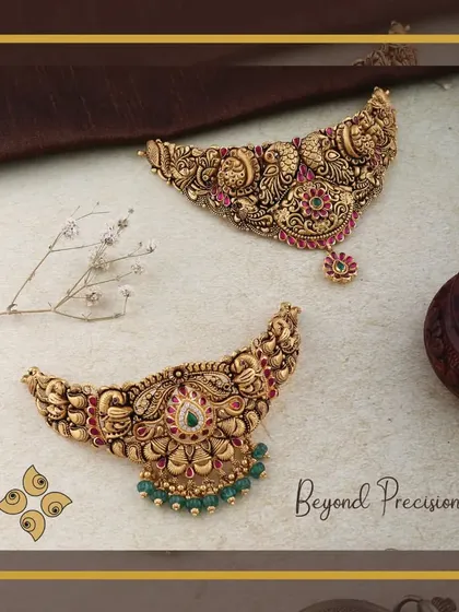 A showcase of our lightweight temple jewellery chokers. These pieces offer the same intricate, traditional motifs in a more accessible format, broadening their appeal to a wider customer base.