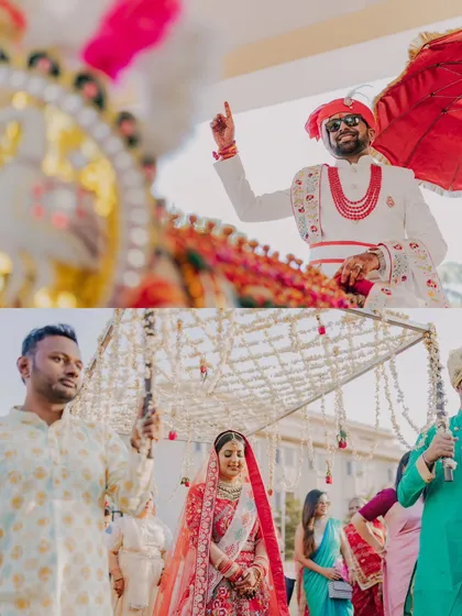The grand entries of both the bride and groom are key moments of the wedding day. This collage shows Harsh's stylish arrival and Riya's beautiful walk under the phoolon ki chadar, both captured to highlight their individual personalities.