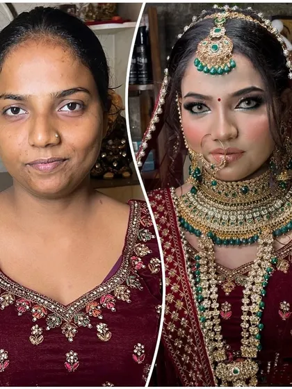 Another look at a complete bridal transformation. This shows how we balance heavy jewelry and a detailed outfit with makeup that enhances the bride's features without overpowering them, focusing on the eyes and a flawless complexion.