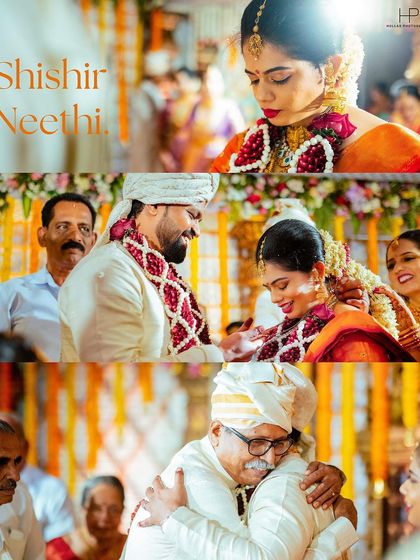 A collage of emotional moments, from the wedding rituals to a heartfelt hug between the groom and his father.