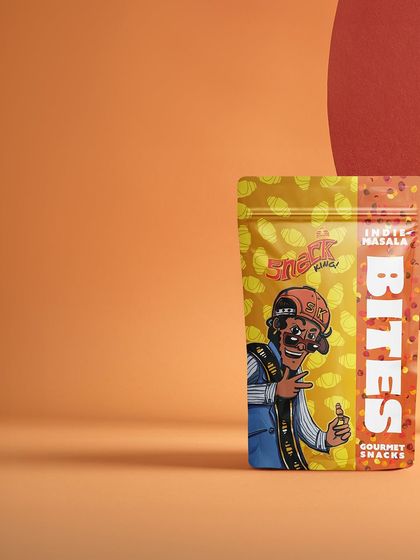 A simple, graphic composition with the snack package and a colored circle. This modern, minimalist style is perfect for clean e-commerce sites.