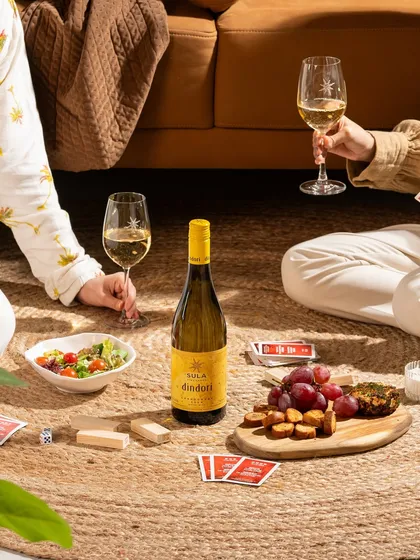 A casual wine and game night scene. This lifestyle photo tells a story of relaxation and friendship, making the product feel accessible and fun.