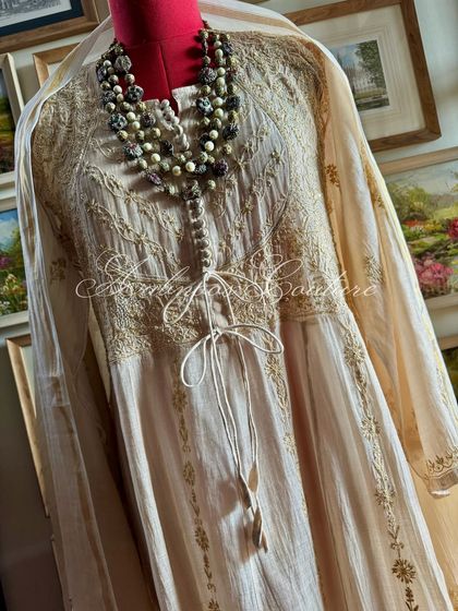 A view of the Anarkali with its coordinated Tissue Chanderi dupatta, for a classic, elegant appearance.