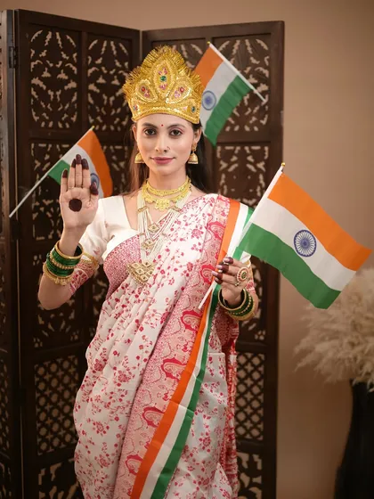 Our tribute to Bharat Mata for Independence Day. This look combines traditional attire with the colors of our flag, creating a powerful and patriotic image.