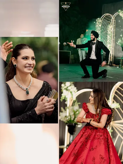 A collage of candid moments from an engagement or sangeet, including a proposal and dance performances.