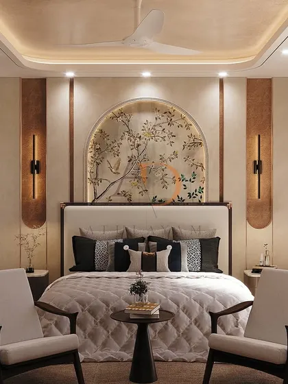 I believe a master bedroom should be a personal sanctuary. Here, a hand-painted arch mural serves as a stunning headboard, complemented by elegant wall sconces and a layered ceiling design to create a truly ambient and restful atmosphere.