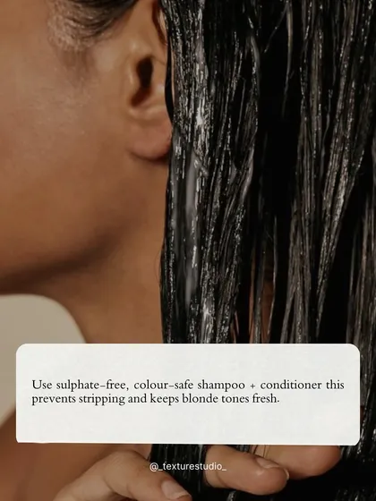 Worried about bleach damage? This tip explains the importance of using a sulphate-free, color-safe shampoo and conditioner to prevent stripping and keep blonde tones fresh.