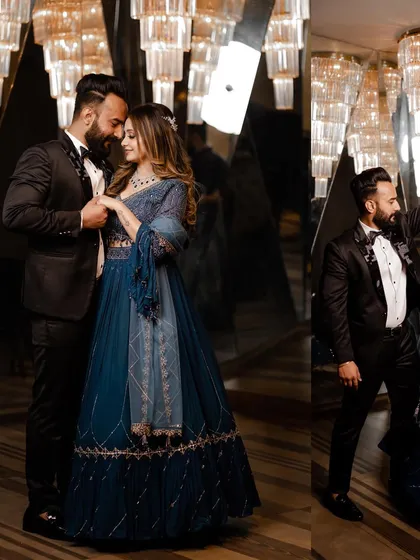 A collage of glamorous moments from the cocktail party. The crystal chandeliers and mirrored walls create a dazzling, celebratory atmosphere.