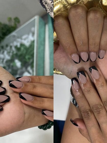 This collage showcases a modern, V-shaped French tip in black. It's a stylish and edgy alternative to the traditional curved line, perfect for a more graphic look.