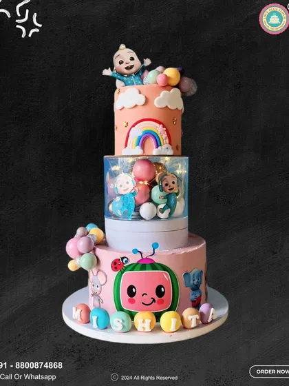 This grand three-tier Cocomelon cake was a joy to create for a special birthday. It features all the beloved characters, a rainbow, and personalized details, showing how I can handle large, intricate designs.