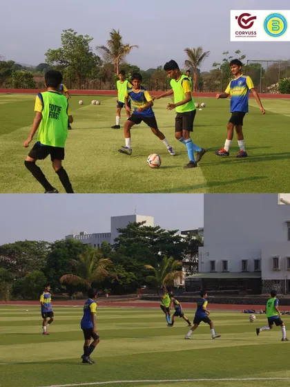 A split image showing players in a training drill on the pitch and engaged in a classroom session. This collage perfectly illustrates the dual-pathway of athletic and academic development at our academy.