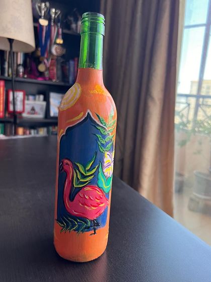 A glimpse of a finished bottle from our 'Jungle Jharoka' online workshop. This participant did a wonderful job with the flamingo and tropical foliage.