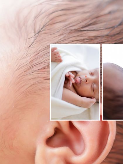 A beautiful collage focusing on the delicate details of a newborn, from their soft hair to their tiny, expressive mouth.