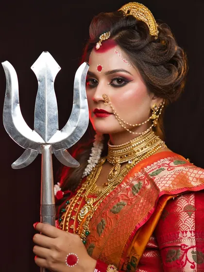A stunning portrait of Maa Chandraghanta, showcasing the half-moon on her forehead that gives her the name.