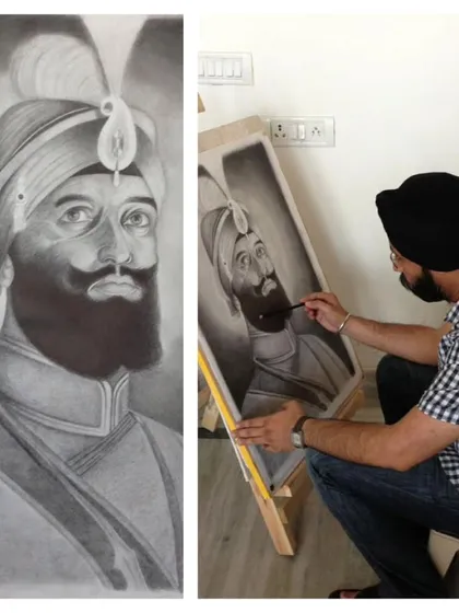 A split image showing artist Gurjeet Singh at work on his charcoal portrait of Guru Gobind Singh Ji. This provides a behind-the-scenes look at the creation of a detailed and respectful tribute.