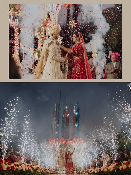 A collage showing the grand varmala ceremony with fireworks and smoke effects. These shots capture the spectacular and celebratory nature of the moment.